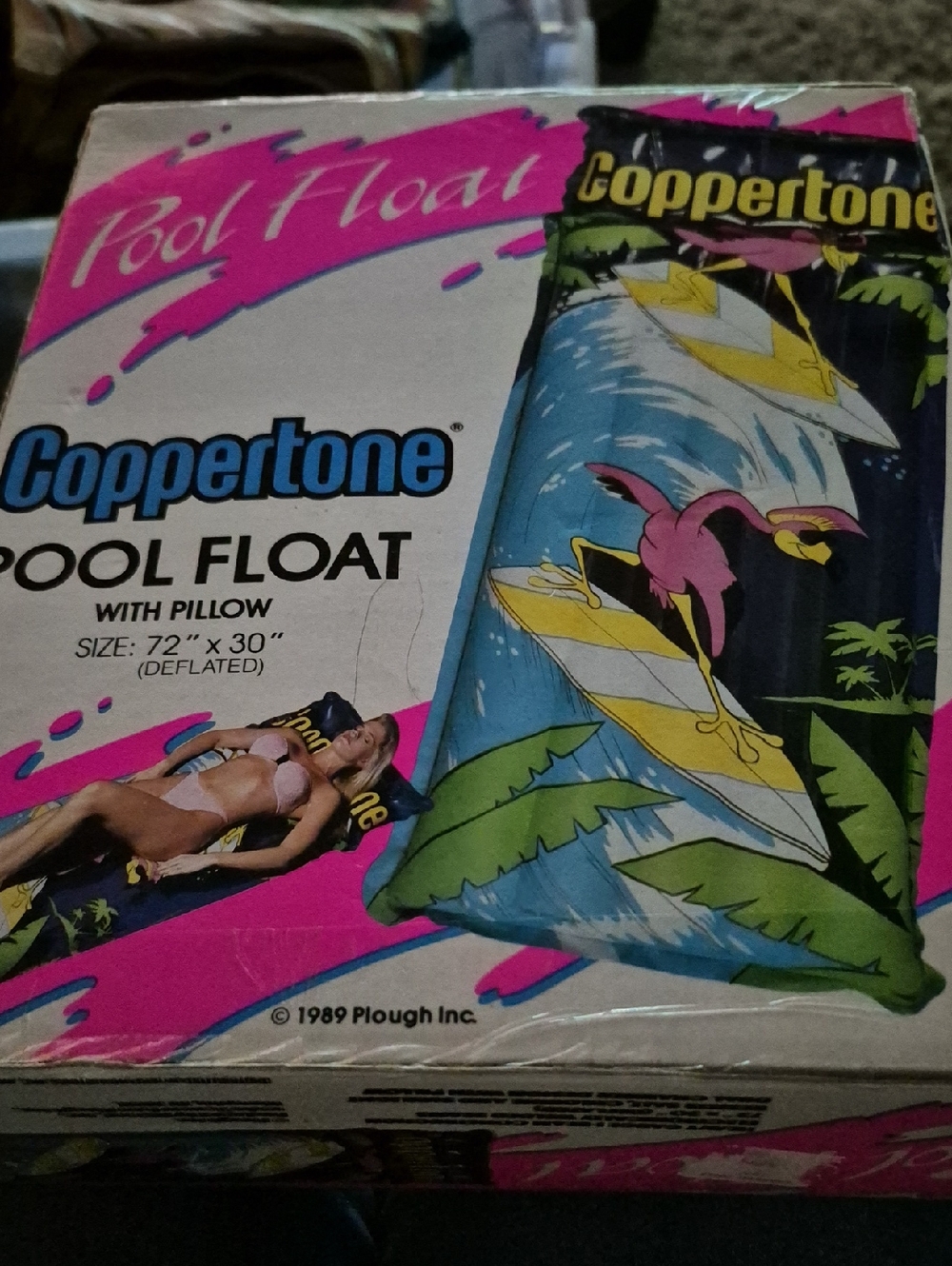Vintage Coppertone Pool Float with Pillow - Bright Tropical Graphic